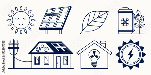 Illustrations of renewable energy sources and energy-efficient technologies. Vector