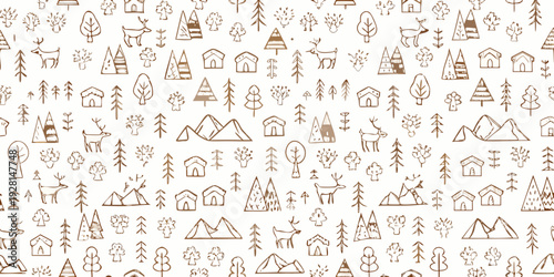Seamless pattern of hand drawn houses trees deer and mountains