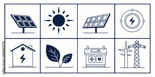 Icons representing various aspects of renewable energy and sustainable living. Vector