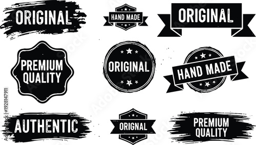 Grunge Badge Brush Hand Drawn Black Sticker Set. Rough Distressed Stamp, Ink Brush Label Collection