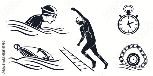 A swimmer, a diver, and a clock illustrating the passage of time in aquatic sports Vector