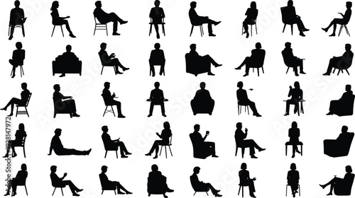 Silhouettes of people sitting on various chairs and couches in different relaxed postures