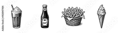 Set of four fast food and dessert illustrations featuring a milkshake, ketchup bottle, french fries in a basket, and a soft serve ice cream cone in a vintage woodcut style.