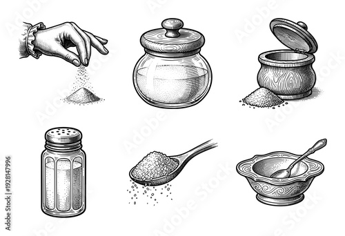 Vintage engraving collection of salt and sugar containers including shaker, cellar, spoon, and hand pinching crystals in a classic woodcut style.