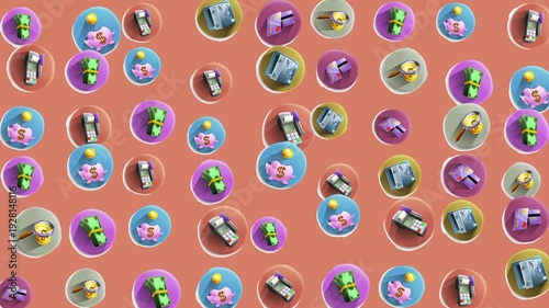 Several objects in colorful circles on a patterned background. Perfect for graphic design, social media, or creative projects.