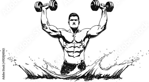 Strong Bodybuilder Lifting Dumbbells with Water Splash Illustration Representing Fitness Training, Muscle Power, Strength Workout and Athletic Performance ConceptStrong