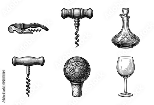 Vintage style engraving collection of wine accessories including corkscrews, crystal decanter, ornate bottle stopper, and classic glassware