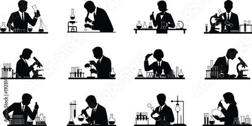 Silhouettes of scientists in lab coats conducting experiments with microscopes and lab equipment in a laboratory setting