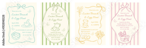 Easter hand drawn vintage invitation card set with whimsical line frames, bows, bunny, flowers, teacups, basket and eggs. Spring brunch and egg hunt party design