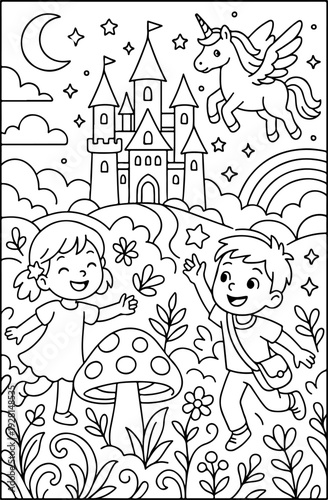 fairytale Magical Wonderland hand drawn vector illustration doodle art line art coloring page for kids