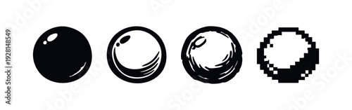 Shiny circular and spherical icons with light reflections, shown in solid, outline, sketchy, and pixel art designs.