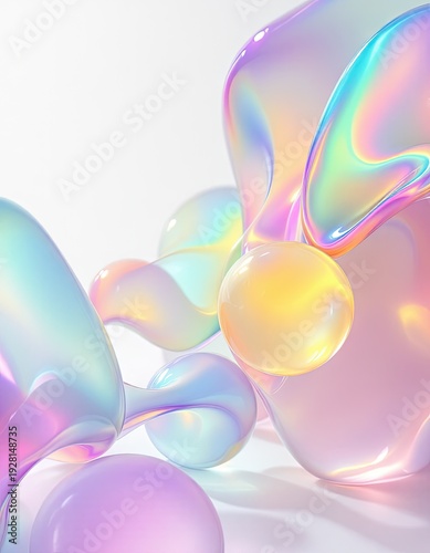 Iridescent, abstract shapes float. Smooth, translucent forms blend with colorful highlights, suggesting fluidity and light
