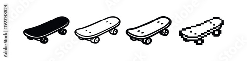 Collection of skateboard vector icons, featuring solid, outlined, grunge, and 8-bit pixel art styles for design.