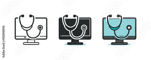 In digital medicine context appears a telehealth symbol combining stethoscope shape and monitor frame to imply online diagnosis,