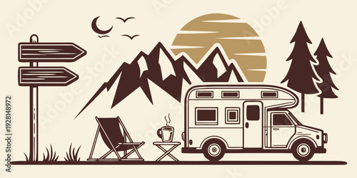 A family enjoying a camping trip in their rv with mountains in the background Vector