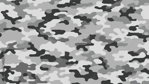 Seamless black white and gray camouflage pattern ideal for military themes fashion textiles and background designs.