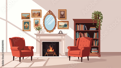 Warm and cozy living room interior featuring a fireplace, two red armchairs, a bookshelf, and framed art on the wall.