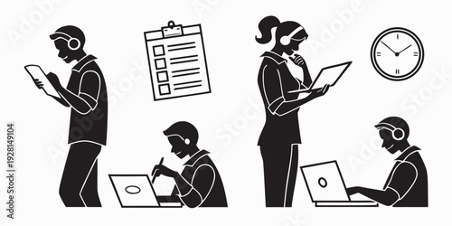 Busy professionals managing time and tasks with digital devices and planners Vector