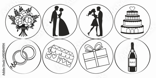 A collection of icons representing various wedding-related activities and items Vector