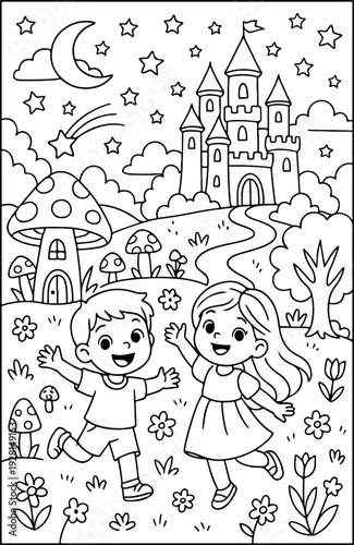 fairytale Magical Wonderland hand drawn vector illustration doodle art line art coloring page for kids