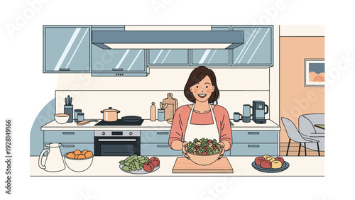 Smiling woman wearing an apron and holding a fresh bowl of salad in a modern kitchen with various food ingredients.