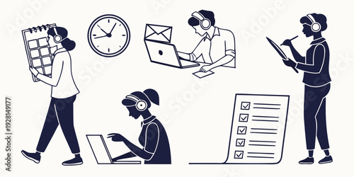 People working on different tasks in an office environment. Vector