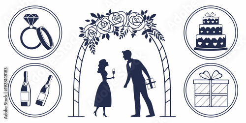 A whimsical illustration of a man and a woman walking under a floral archway. Vector