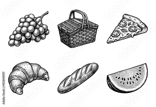 Set of vintage engraving style picnic food illustrations including grapes, basket, pizza, croissant, baguette, and watermelon