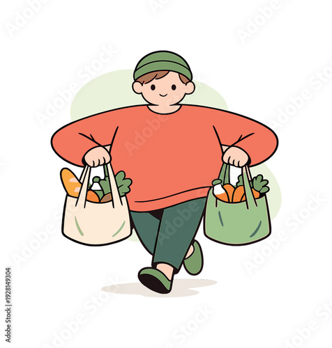 Groceries in Soft Style. Soft person steps forward carrying reusable bags full of groceries, elbows bent outward as fabric handles