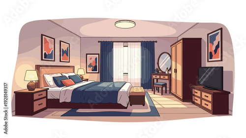 Cozy modern bedroom features a large comfortable bed with pillows, nightstands, lamps, artwork, and a television set.