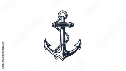 Nautical anchor with a coiled rope winding around the shank, presented as a detailed black and white illustration on a clean white background.