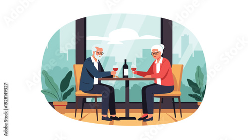 Happy elderly couple enjoys a romantic dinner date with red wine while sitting at a restaurant table by a large window.