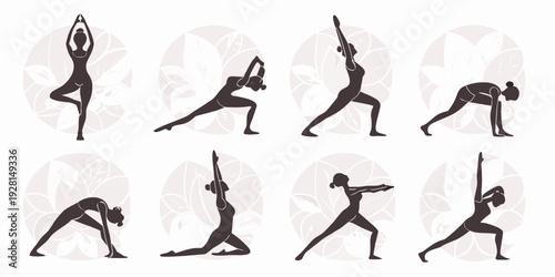 A sequence of a person performing various yoga poses in a serene outdoor setting Vector