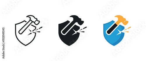 Quality shield metaphor expressed as a hammer icon striking a small crack line, same silhouette repeated three times left to