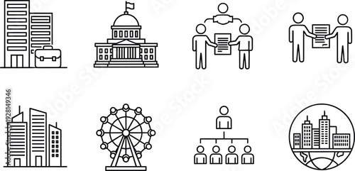 Government and Urban Business Line Icon Set with Office Buildings, Capitol Landmark, Team Meeting, City Skyline and Global Network Symbols