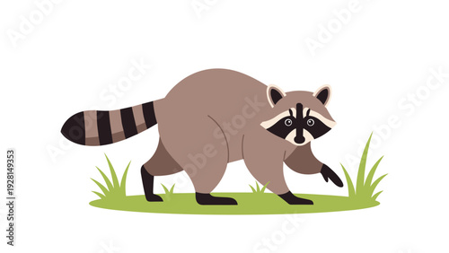 Common raccoon with its distinctive masked face and striped tail walks across a patch of green grass on a white background.