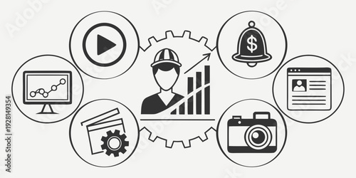 Diverse icons representing various aspects of business and technology Vector