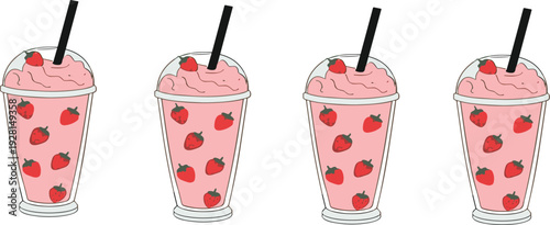 Strawberry Milkshake Cups Collection with Fresh Berry Smoothie Drink in Plastic Glass Cartoon Vector Illustration Set