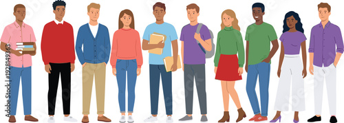 Diverse Young People Standing Together Illustration Showing Multicultural Students and Professionals Representing Teamwork, Inclusion, Education, Collaboration and Modern Society Concept