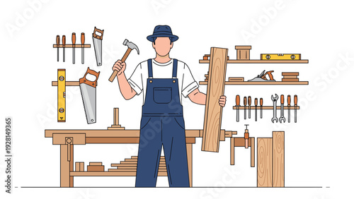 Professional carpenter in denim overalls stands in his woodworking shop surrounded by various hand tools and lumber.