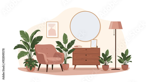 Elegant interior corner showcases a comfortable pink armchair, wooden dresser, large round mirror, and several green plants.