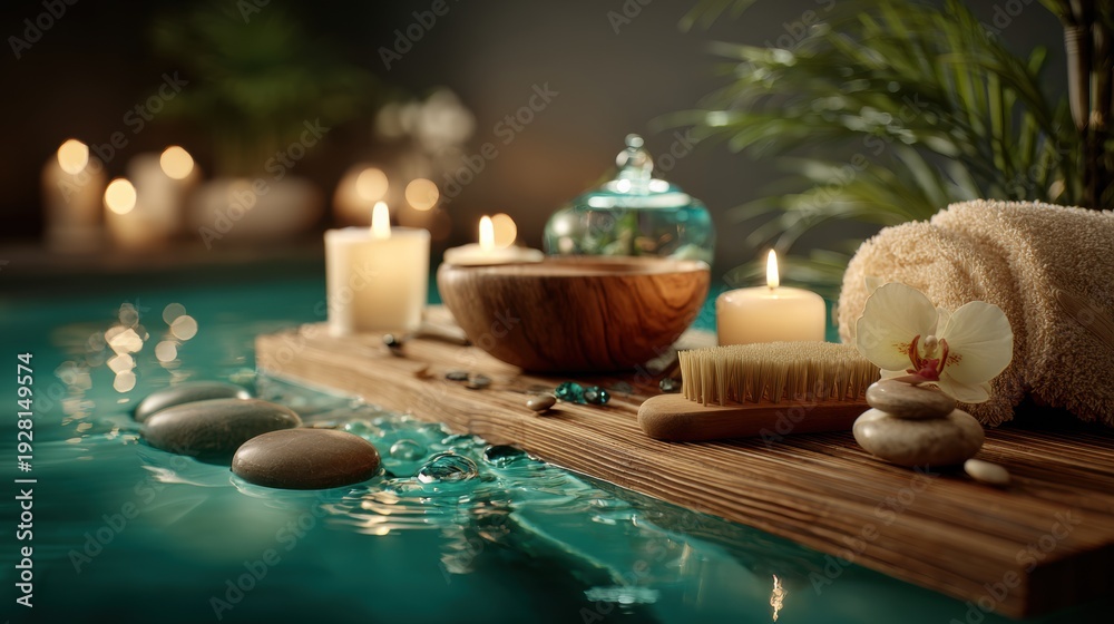 custom made wallpaper toronto digitalTherapy stress release treatment, health lifestyle. A tranquil spa setting with candles, a wooden bowl, a brush, a flower, and pebbles arranged on a wooden plank beside a tranquil body of water.