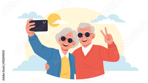 Happy senior couple wearing sunglasses and taking a selfie while posing with a peace sign against a sunny sky and clouds.