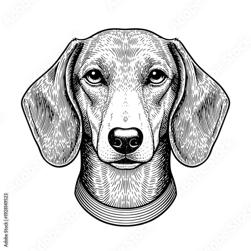 Hound dog face portrait laser engraving design, vintage woodcut vector illustration, detailed hand drawn ink line art canine head with floppy ears and soft fur shading for CNC engraving