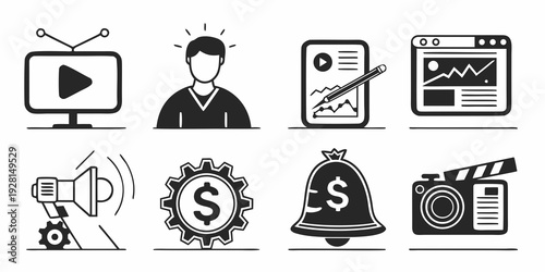 A collection of icons representing various aspects of media and finance. Vector