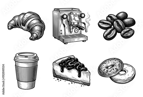 Set of coffee shop and bakery items in hand drawn vintage engraving style featuring espresso machine croissant beans and desserts