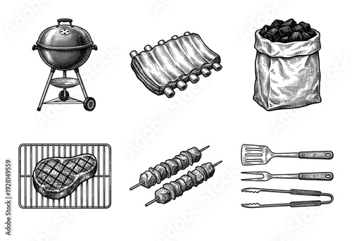 Vintage engraving style barbecue set featuring charcoal grill, raw ribs, sack of coal, grilled steak, meat skewers, and metal cooking utensils.