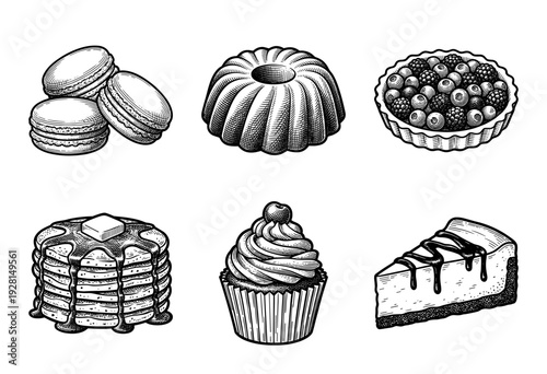 Vintage style engraving collection of sweet desserts including macarons bundt cake berry tart pancakes cupcake and cheesecake slice