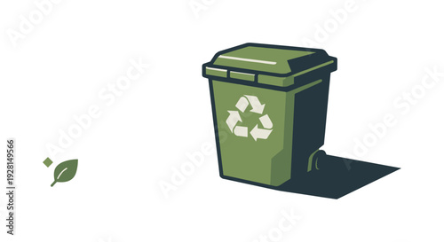 Green recycling bin with recycling symbol and leaf icon on a neutral background