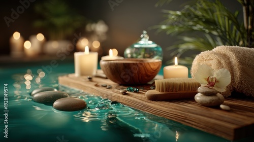 Wallpaper Mural Therapy stress release treatment, health lifestyle. A tranquil spa setting with candles, a wooden bowl, a brush, a flower, and pebbles arranged on a wooden plank beside a tranquil body of water. Torontodigital.ca